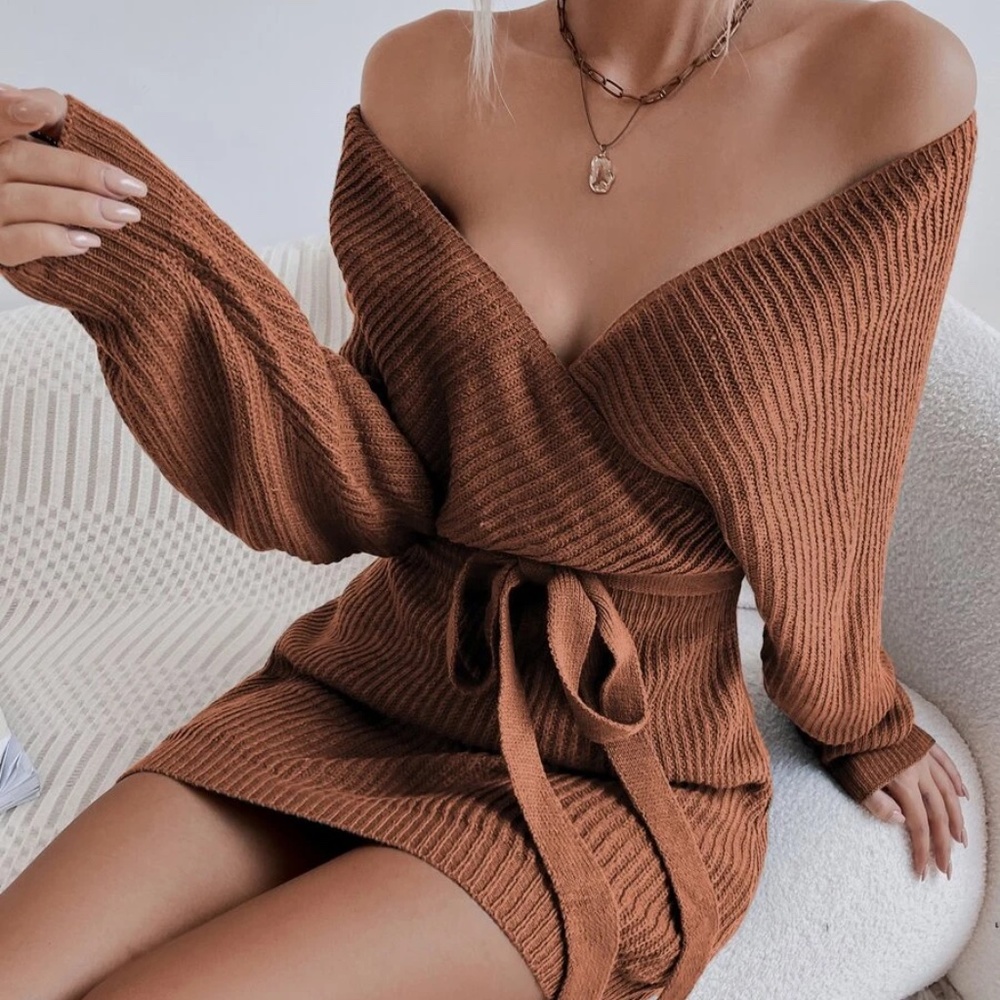 Cozy Off Shoulder dolman Sleeve Sweater Dress - Picture 1 of 7